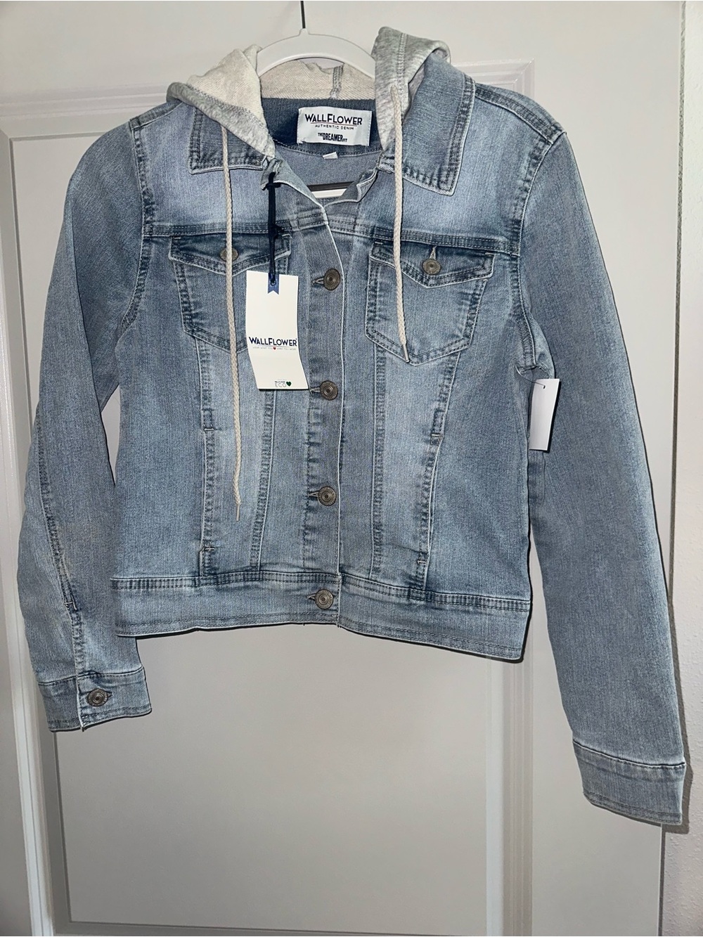 Wallflower Light Wash Denim Jacket with Gray Hood